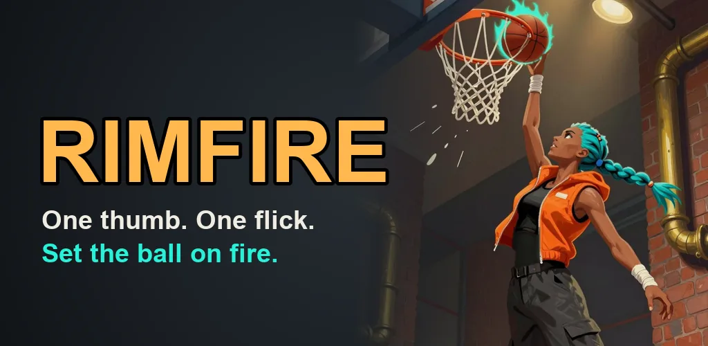 RIMFIRE key art: the logo and a player dunking a flaming basketball.